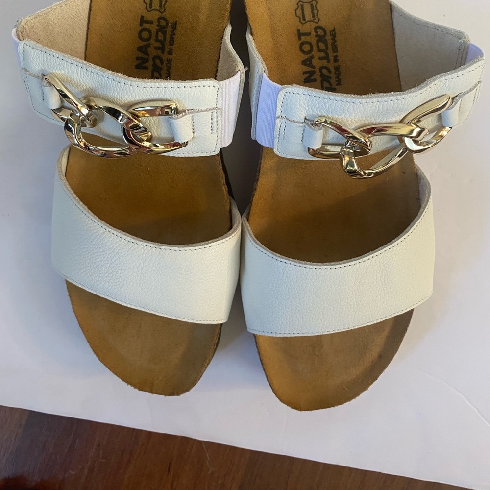 Naot White Sandals with Gold Chain Detail